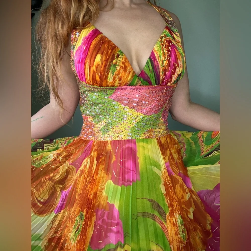 Tropical Floral Multi-Color Evening Gown Maxi Dress with Beading and Sequins - Picture 8 of 8